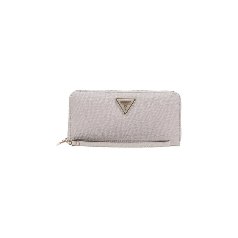 Light gray textured leather guess women wallet with triangular logo emblem and zipper pull in grey polyurethane