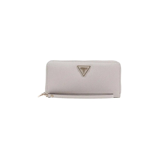 Light gray textured leather guess women wallet with triangular logo emblem and zipper pull in grey polyurethane