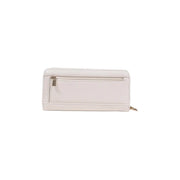 A sleek off-white Guess women wallet in grey zip polyurethane with a textured surface and metallic zipper pulls