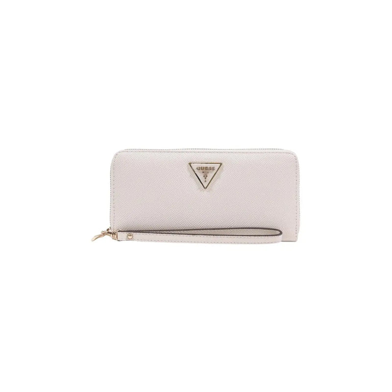 A sleek white Guess women wallet with textured polyurethane surface and metallic triangular logo on front