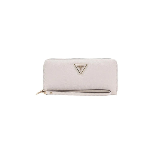 A sleek white Guess women wallet with textured polyurethane surface and metallic triangular logo on front