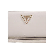 White textured leather Guess women wallet with gold-tone triangular logo emblem in grey zip polyurethane design