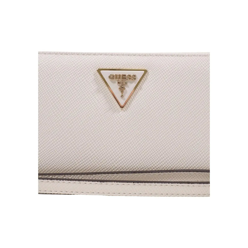 White textured leather Guess women wallet with gold-tone triangular logo emblem in grey zip polyurethane design