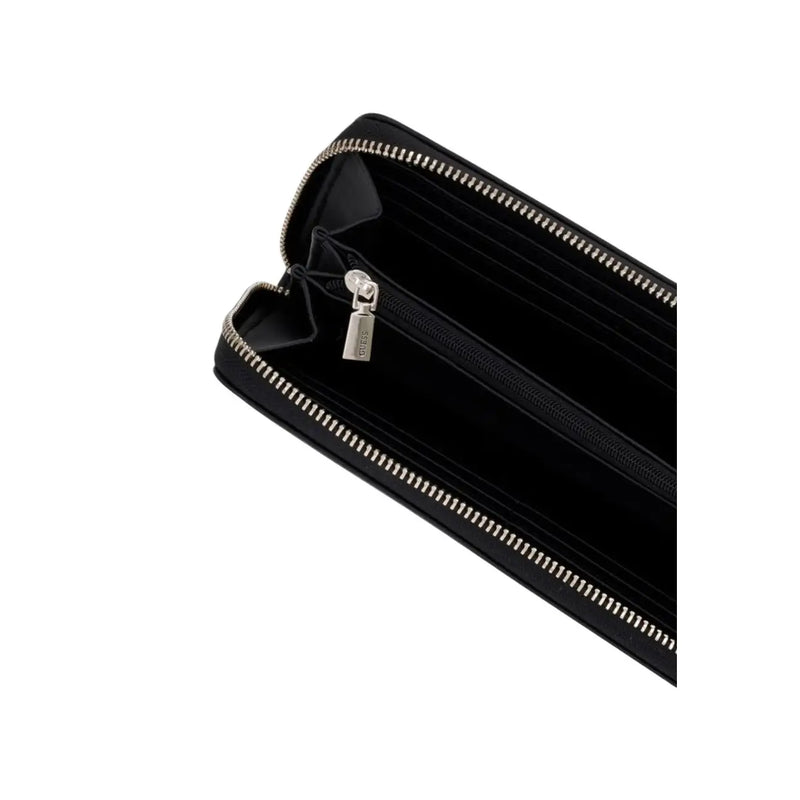 Black leather Guess Lucci large zip-around wallet with silver-toned zipper and pull tab W20cm in polyurethane