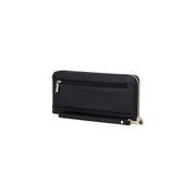 Black Guess women wallet Lucci large zip in black polyurethane with silver zipper and wrist strap displayed