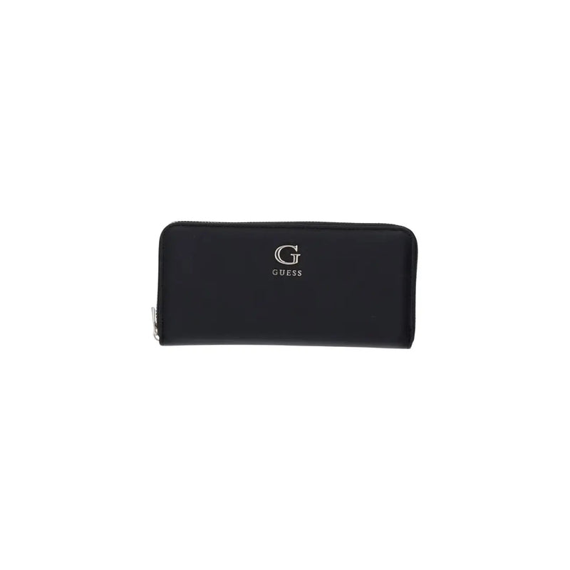 Black Guess women large zip wallet in polyurethane with a sleek minimalist design and subtle silver logo embossed front