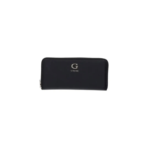 Black Guess women large zip wallet in polyurethane with a sleek minimalist design and subtle silver logo embossed front