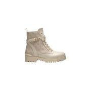 Cream-colored Guess women white boots in polyester and polyurethane with subtle logo pattern and gold-tone buckle accents