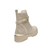 Cream-colored Guess women white boots made of polyester and polyurethane with textured pattern and metallic buckle detail