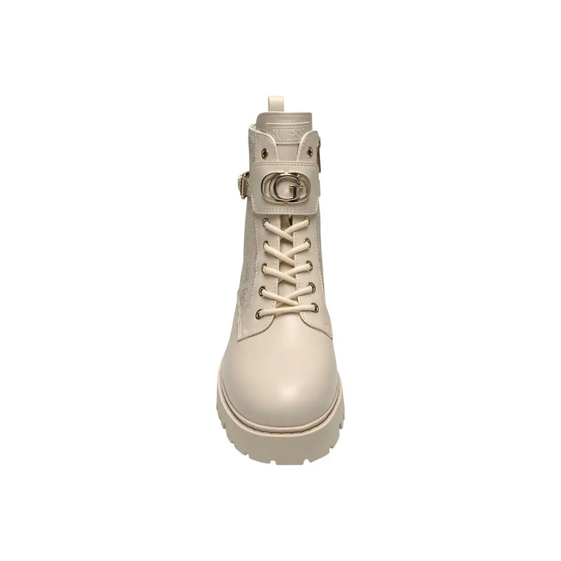 Cream-colored Guess women white combat boot in leather with chunky sole and silver buckle featuring the brand logo