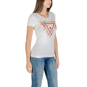 Guess women white cotton elastane round neck short sleeve t shirt with a floral-patterned pink and burgundy logo