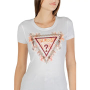 Guess women white cotton elastane round neck short sleeve t shirt with central triangular floral logo and maroon trim