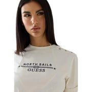 Guess women white cotton t shirt with black north sails guess logo and gold tone button details on shoulders