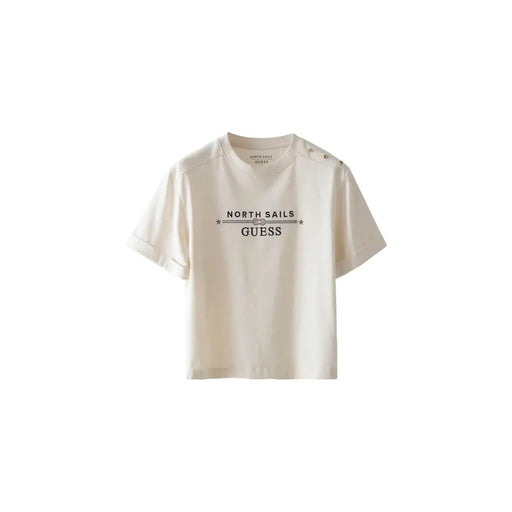 Cream-colored Guess women cotton t shirt with short sleeves and black north sails logo and star accents on chest
