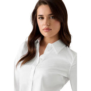 Guess women white cotton long sleeve classic shirt with round neck collar and subtle brand embroidery on the chest