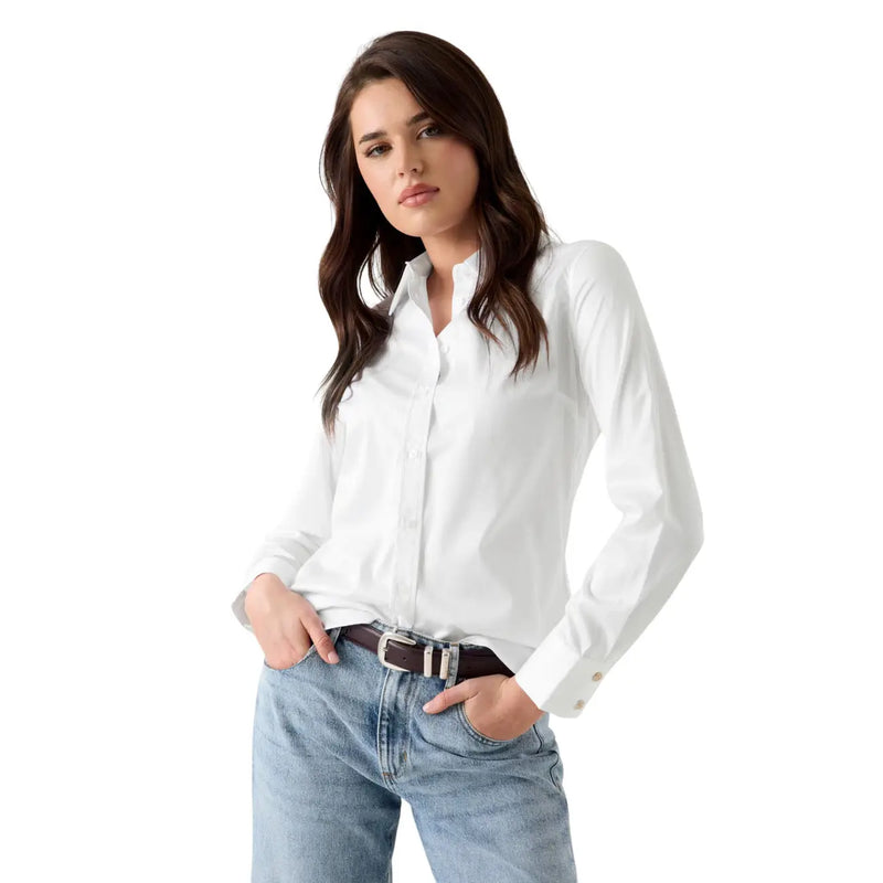 White cotton long sleeve classic shirt for women by Guess featuring a round neck and neatly pressed fabric