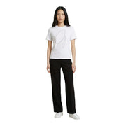 Guess women white cotton short-sleeved t shirt featuring a sparkling silver cursive rhinestone logo on the chest