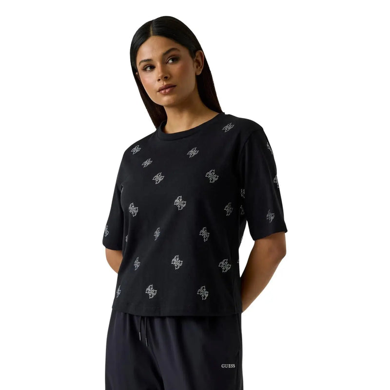 Black guess women short-sleeved top with subtle white logo pattern made of cotton for casual wear