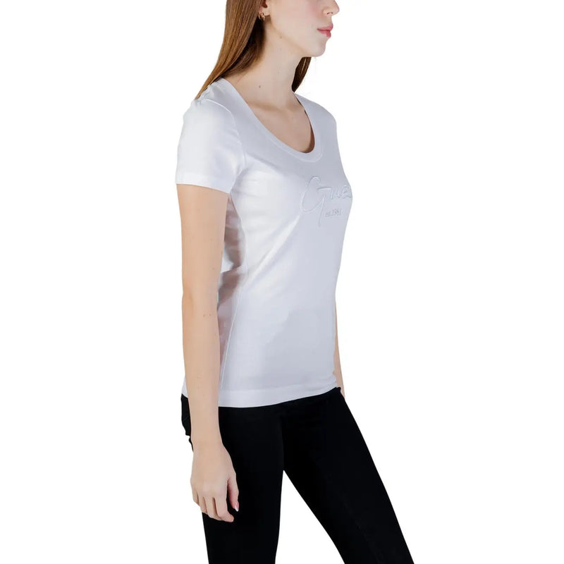 Guess women white cotton short sleeve v neck t shirt with subtle embroidered logo on the chest
