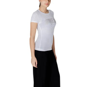 Guess women white cotton short sleeve t-shirt with a silver glitter logo across the chest