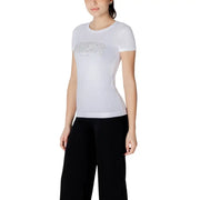 White Guess women cotton short sleeve t-shirt with silver glitter lettering across the chest