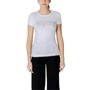 Guess women white cotton short sleeve t-shirt with a silver glitter logo across the chest