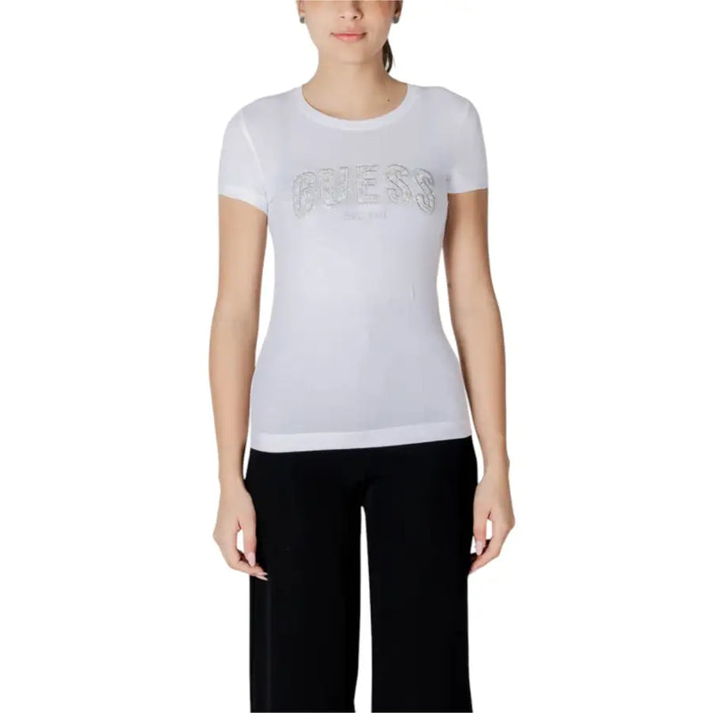 Guess women white cotton short sleeve t-shirt with a silver glitter logo across the chest
