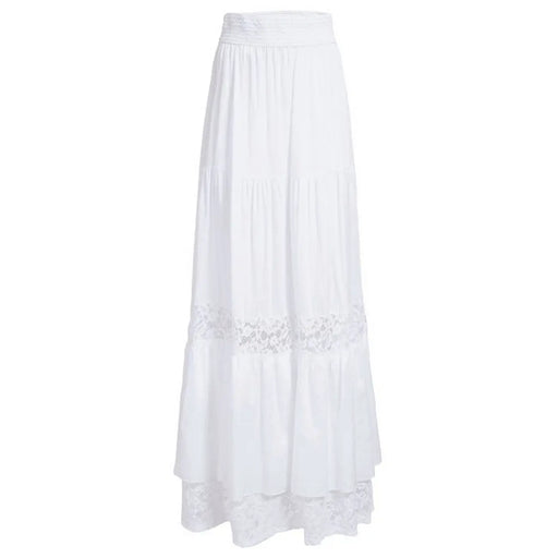 Guess women white cotton skirt featuring a flowing tiered maxi design with delicate lace trim on hem and waistband