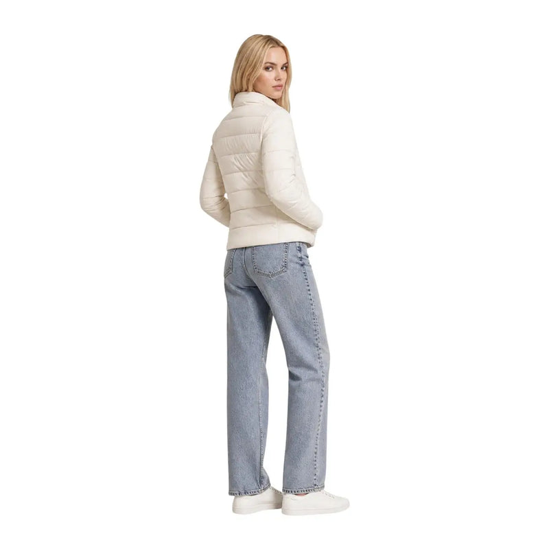 Cream-colored quilted puffer jacket with high collar and long sleeves made of polyester by Guess women
