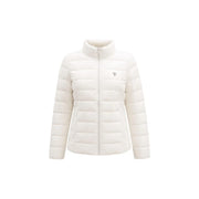 Guess women white quilted polyester puffer jacket with high collar and zipper closure for heavy turtleneck warmth