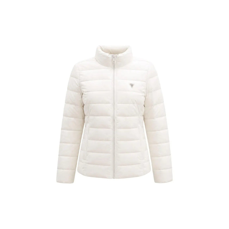 Guess women white quilted polyester puffer jacket with high collar and zipper closure for heavy turtleneck warmth