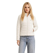 Cream-colored quilted guess women heavy turtleneck puffer jacket with high collar front zipper polyester material