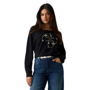 Guess women black long-sleeved sweatshirt with silver embellished logo on chest in viscose blend knitwear style