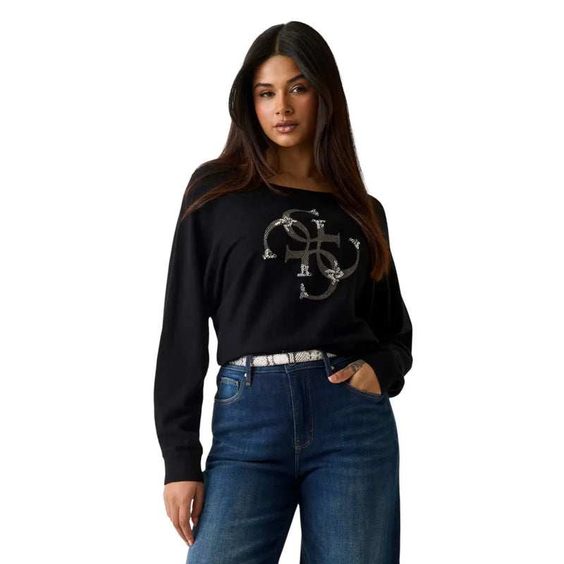 Guess women black long-sleeved sweatshirt with silver embellished logo on chest in viscose blend knitwear style