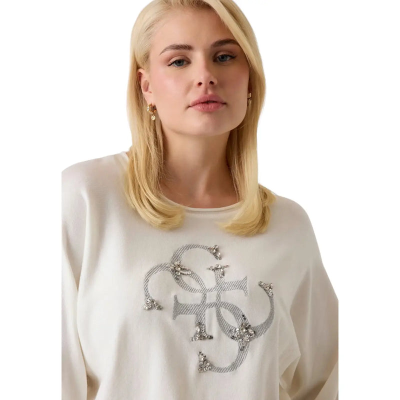 Cream-colored guess women oversized knitwear sweater with silver monogram embroidery and rhinestones in viscose blend
