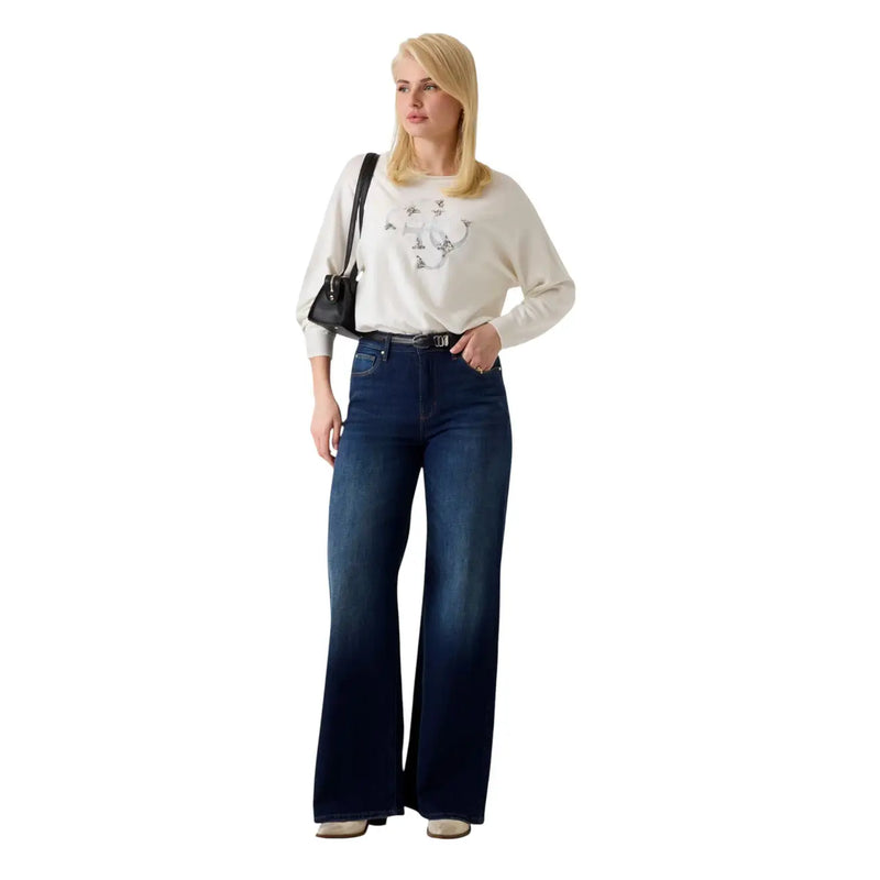 Dark blue wide-leg denim jeans with high-rise waistband and subtle thigh fading paired with guess women white knitwear batwing viscose blend sweater