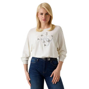Guess women white knitwear batwing viscose blend sweater cream colored with long sleeves and silver sequin chest design
