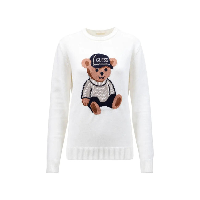 Guess women white knitwear sweater viscose blend with a knitted bear wearing a cap and patterned sweater design