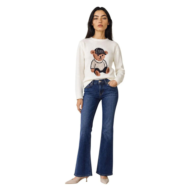 Guess women white knitwear sweater in viscose blend featuring an embroidered teddy bear with black cap branding