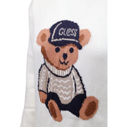Guess women white knitwear sweater in viscose blend featuring a knitted teddy bear with navy cap and beige sweater