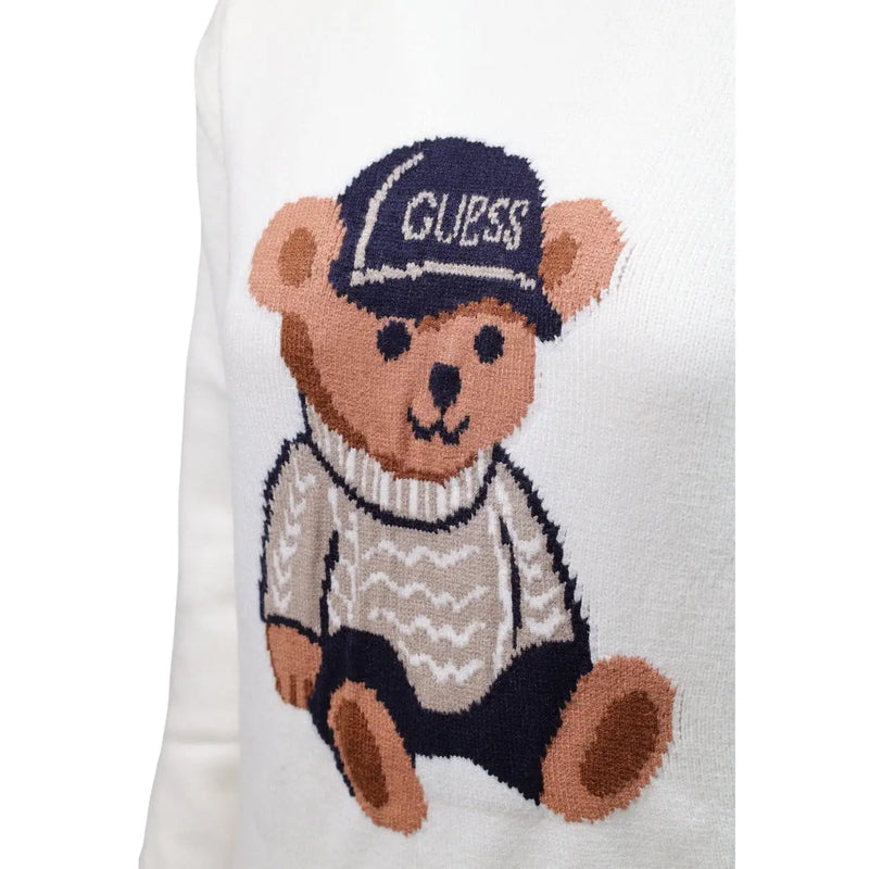 Guess women white knitwear sweater in viscose blend featuring a knitted teddy bear with navy cap and beige sweater