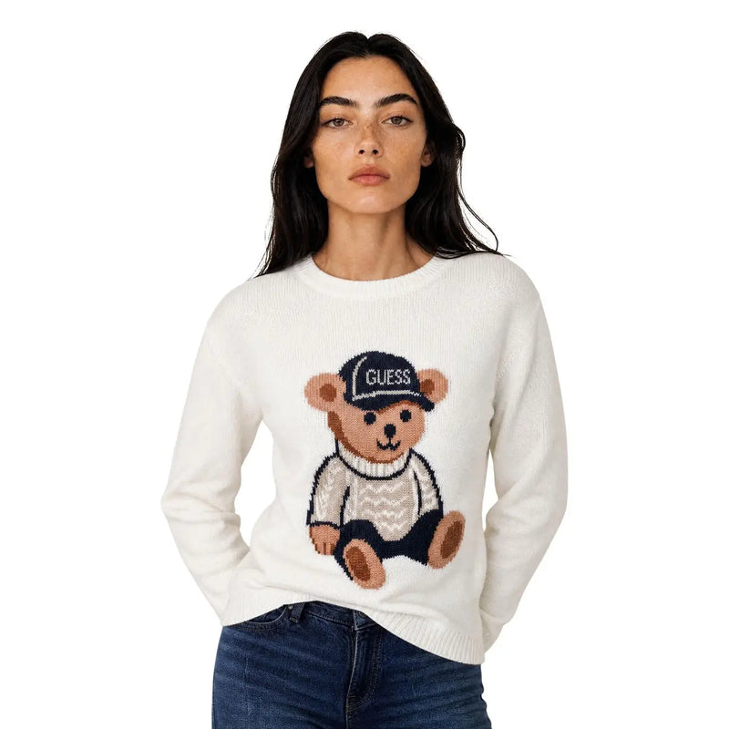 Guess women white knitwear sweater in viscose blend featuring a knitted bear with black cap embroidered guess on chest