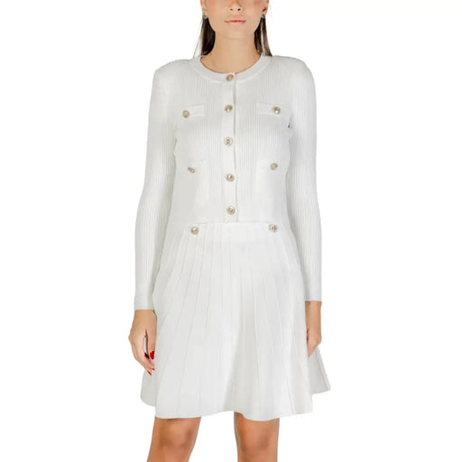 White ribbed knit cardigan and mini skirt set with decorative buttons, Guess Women product