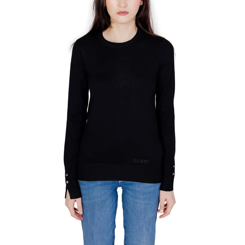 Guess black long-sleeved knit sweater with cuff buttons on white model