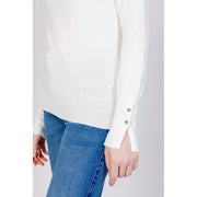 Guess women white long cotton knitwear sweater with silver button cuffs and subtle logo embroidery for fall winter