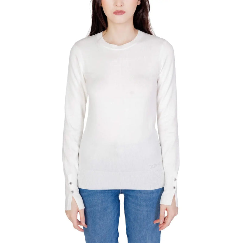 Guess women white long cotton knit sweater with ribbed cuffs and buttons