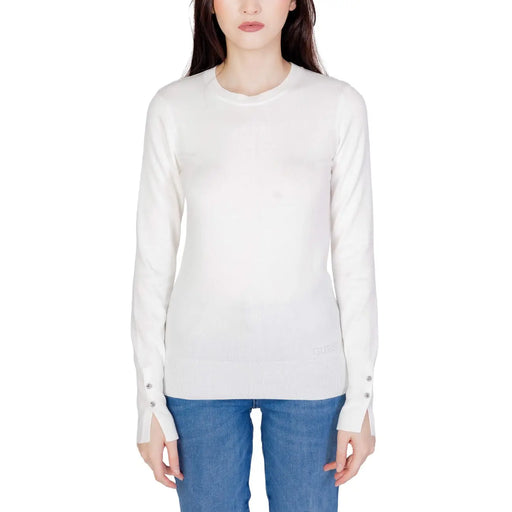 Guess women white long cotton knit sweater with ribbed cuffs and buttons