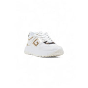Guess women white leather platform sneakers with gold and black accents featuring a bold geometric logo on the side