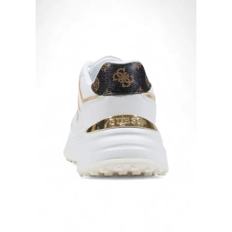 Back view of guess women white platform sneakers for fall winter with gold-tone branding and black patterned heel tab
