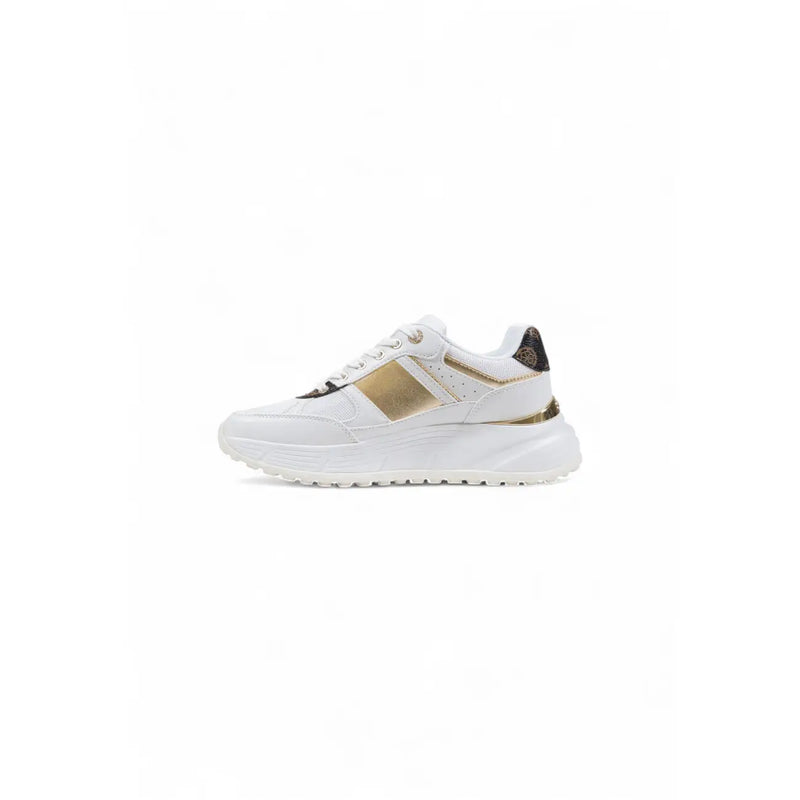 Guess women white platform sneakers with leather upper and gold metallic stripes featuring a chunky sole
